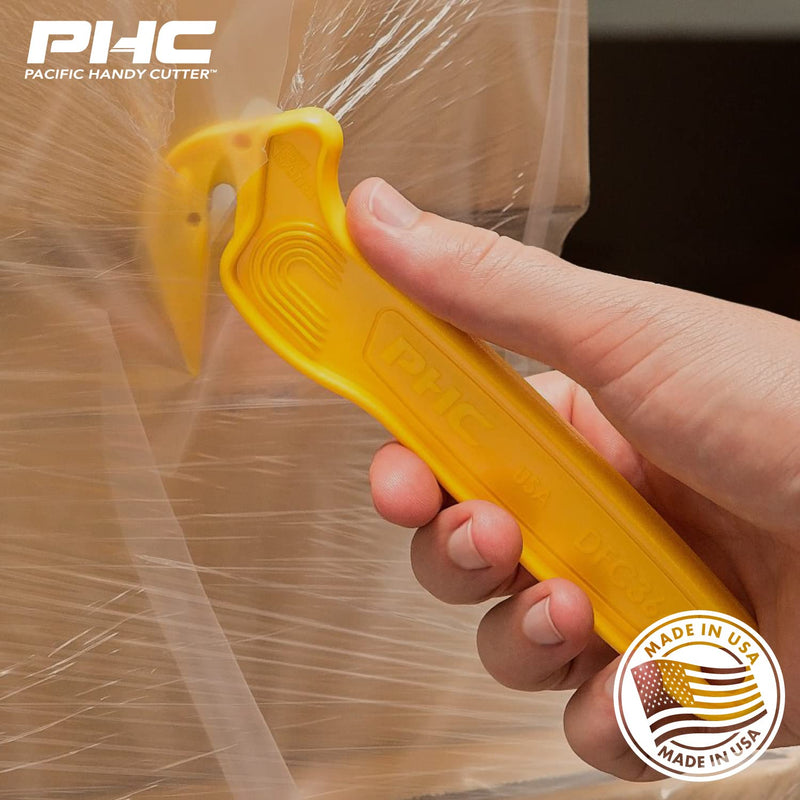 [Australia - AusPower] - Pacific Handy Cutter DFC364 Disposable Film Cutter, Sharp & Durable Steel Blade, Safe and Efficient Cutting Design for Shrink Wrap, Stretch Wrap, Tape, and Plastic Straps , Yellow 