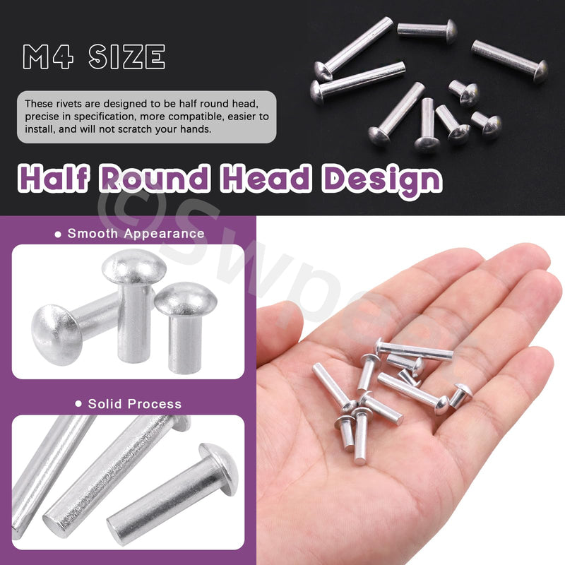 [Australia - AusPower] - Swpeet 330Pcs M4 × 6mm 10mm 14mm 20mm 25mm Solid Aluminum Brazier Head Rivets, Aluminum Rivet, Plain Finish, Universal Head, High Corrosion Resistance for Repairing Boats, Aircraft, Making Armor 