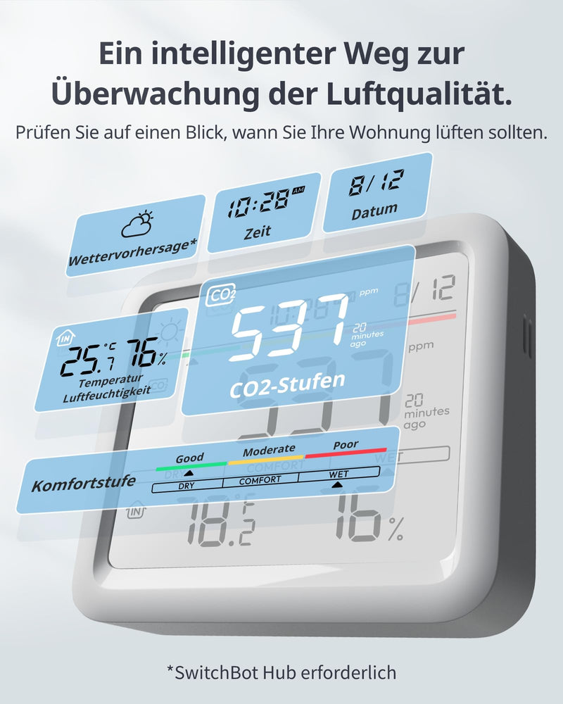 [Australia - AusPower] - SwitchBot CO2 Detector, CO2 Meter with Thermometer Hygrometer Indoor, Air Quality Meter with CO2 Alarm, Bluetooth CO2 Sensor with App, 2 Year Data Storage, Hub Required 