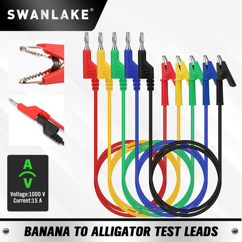 [Australia - AusPower] - SWANLAKE 5-Piece Banana Plug to Alligator Clip Test Leads, 1000V 15A 3.5ft/1M Multimeter Electrical Alligator Clips, Flexible Copper Cable Banana Plug, Electrical Wires with Gator Clips 