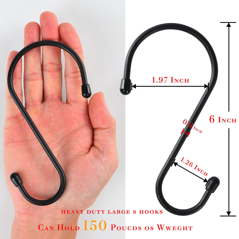 [Australia - AusPower] - 12 Pack 6 Inch S Hooks, Large S Hooks with Rubber Stopper Heavy Duty Metal S Hook, for Indoor or Outdoor, S Hooks for Hanging Plants, Birdhouse, Pan, Cups, Bags, Jewelry, Towels Black 