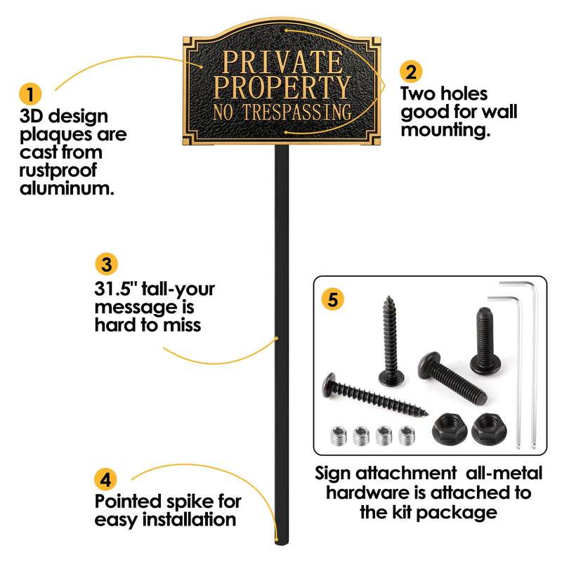 Private Property No Trespassing Sign - Solid Metal Cast, Embossed Statement Plaque,11.5"×7.5" with 31.5" Stakes, Classic Design for House, Home, Garden and Yards, Upgraded Stainless Screws