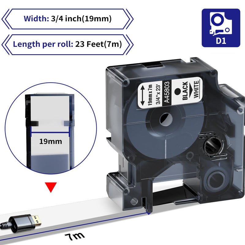 [Australia - AusPower] - 6-Pack Compatible Dymo D1 Label Tape 19mm 45803 45803s S0720830 Label Maker Refills, Black on White, 3/4 Inch x 23 Ft(7m), for Dymo LabelManager 360D 420P 450D 500TS 450 Duo Label Maker 3/4 inch x 23 feet(19mm x 7m) 