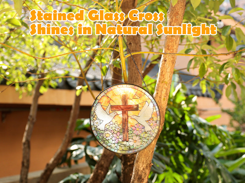 OrbitShell Stained Glass Cross Suncatcher - 8 Inch Peace Dove Window Hanging, Decorative Wall Crosses for Easter, Baptism, First Communion, Christmas, Religious Christian Gifts for Women, Mom, Grandma Cross & Dove