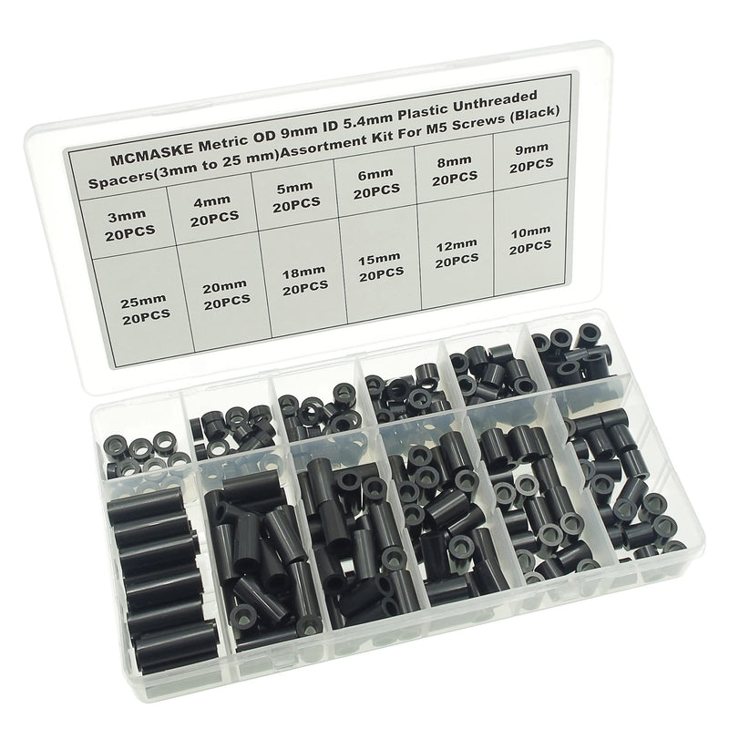[Australia - AusPower] - OD 9mm(0.354") ID 5.4mm(0.212") Plastic Unthreaded Spacers Assortment Kit;Wall Plate spacers for M5 Screws;Clearance Spacers;Round Spacers;3mm to 25 mm Lengths (Black) OD 9mm ID 5.4mm 