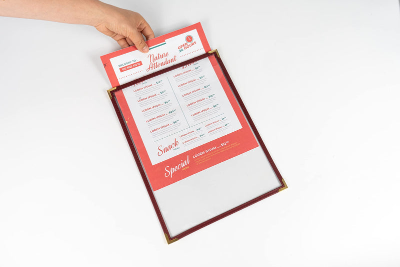 [Australia - AusPower] - Menu Covers, Single Page, 1 Pocket, 2 View, for 8.5" x 11" Letter Size Paper, Pack of 6, Burgundy Edging + Gold Metal Corner, Made with Leatherette & Vinyl 