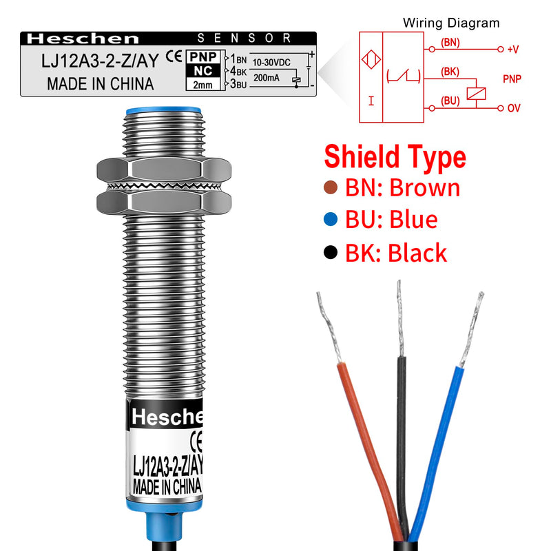 Heschen M12 Inductive Proximity Sensor Switch Shield Type LJ12A3-2-Z/AY Detector 2mm 10-30VDC 200mA 3 Wire (PNP NC) PNP NC