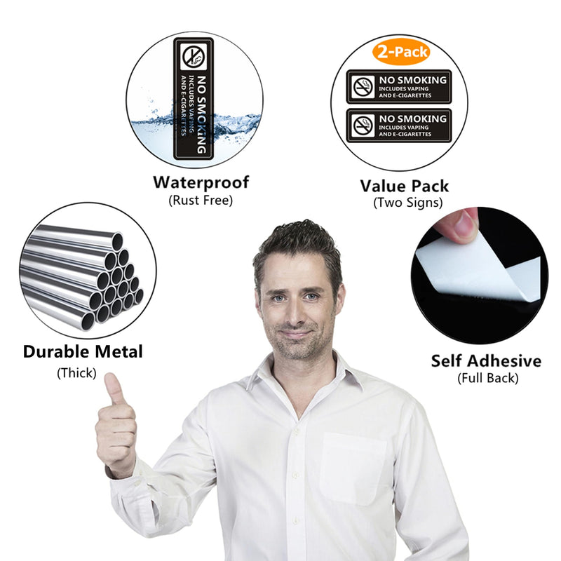 [Australia - AusPower] - No Smoking Signs, (2 PACK) Self-adhesive No Smoking Signs for Business, 9 x 3 Inch Metal Signage for Home House Restaurants and Hotels (Black White) 9" x 3" 2 Pack (Black) 
