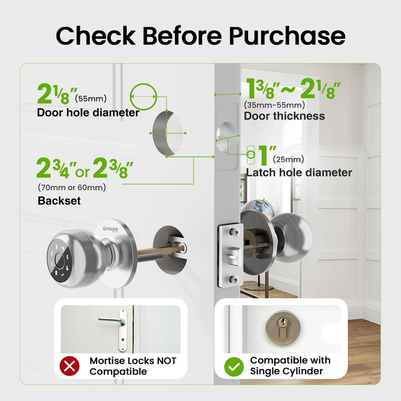GHome Smart Fingerprint Door Lock, 4 in 1 Smart Fingerprint Door Knob with Keypad, App Control, Auto Lock, Biometric Door Knob with Lock for Bedroom, Apartment, Garage, Home & Office 4 IN 1- Silver