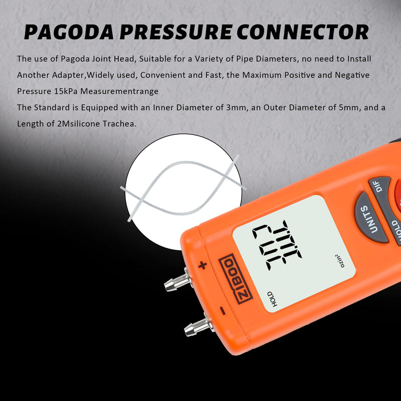 ZIBOO ET1013 Digital Manometer, Air and Gas Pressure Tester, Differential Dual Port Pressure Gauge, Large LCD Display with Backlight,HVAC Gas Pressure Tester ZIBOO ET1013