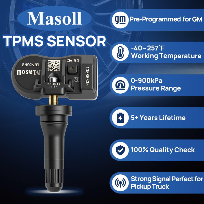 [Australia - AusPower] - Masoll TPMS Sensor for GM, Tire Pressure Sensor for Chevy Silverado Buick Cadillac GMC, 2026 New Upgrade Tire Pressure Monitoring Sensor 4-Pack, Dual-Antenna Design Tire Sensor 4 Sensors 