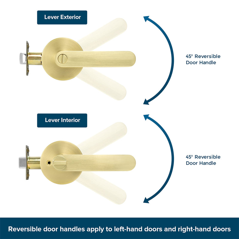 Leydebong 1 Pack Privacy Door Lock Door Handle Lever Keyless Door Knob Hardware Lockset for Bathrooms Indoor Door Levers Reversible Without Key for Interior Use, Light Satin Brass Finish Keyless-Privacy Lever