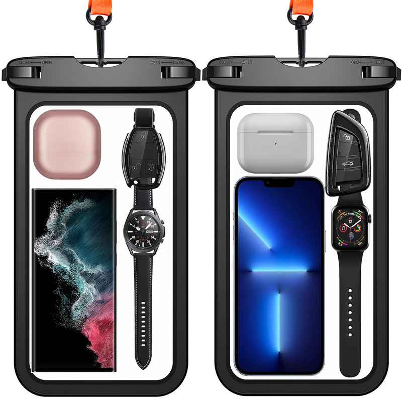 [Australia - AusPower] - Temdan 2 Pcs Waterproof Phone Pouch, [Up to 10" Large] Universal IPX8 Waterproof Cell Phone Case Dry Bag with Lanyard for iPhone 15 Pro Max/14/13/12/11/SE,Galaxy S24 Ultra/S23/S22 for Vacation -Black Large 10" Black&Black 