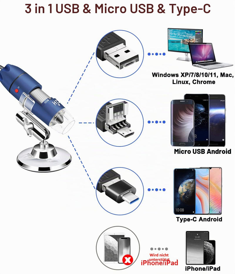 Jiusion 2K HD 2560 x 1440P USB Digital Microscope for Android Mobile Phone and Tablet Windows Mac Linux, 40X to 1000X Magnification Mini Endoscope Handheld Camera for Coin Facial Skin Scalp FA | Mini Endoscope Handheld Camera for Android Mobile Phone T...