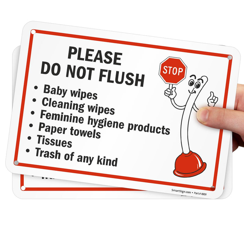 [Australia - AusPower] - SmartSign 2-Pack 'Please Do Not Flush Wipes/Feminine Hygiene Products/Paper Towels/Tissues/Trash' Bathroom Sign with Funny STOP Symbol - 7" x 10", 55 mil HDPE Plastic, Red/Black/White, USA-Made 7" x 10" - Plastic (Pack of 2) 