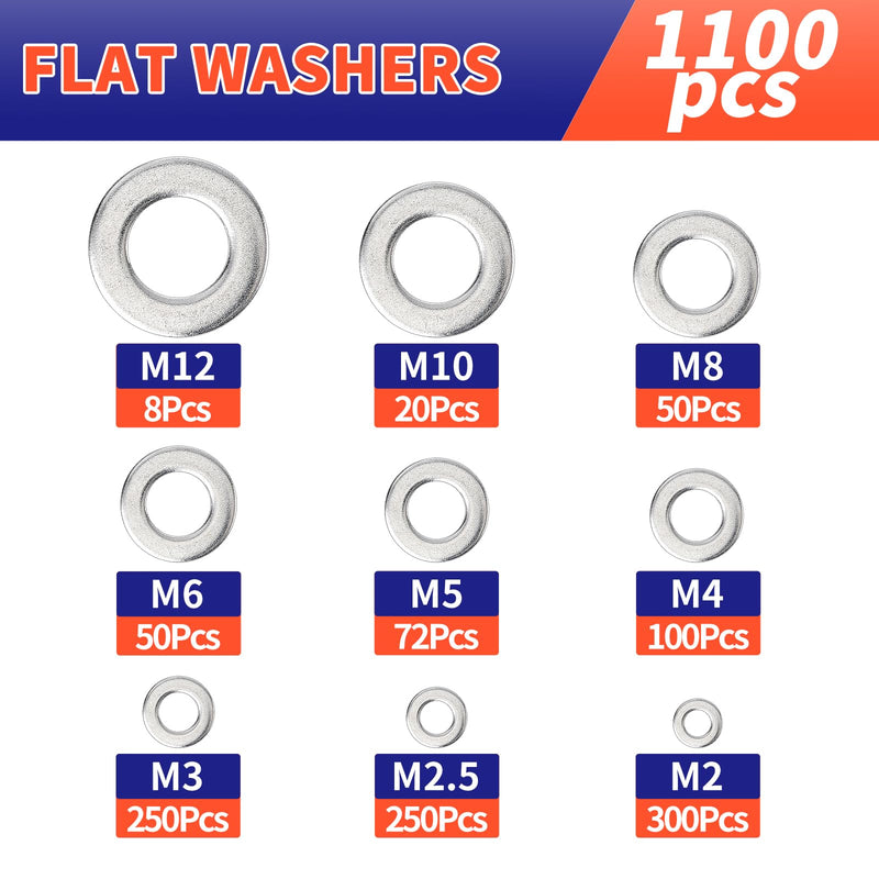 [Australia - AusPower] - 1100 Pcs Flat Washers Assortment Kit – 304 Stainless Steel, 9 Metric Sizes (M2–M12), Metal Washers for Screws and Bolts – Ideal for Automotive, Construction, Industrial, and DIY Use Flat Washers-1100Pcs 
