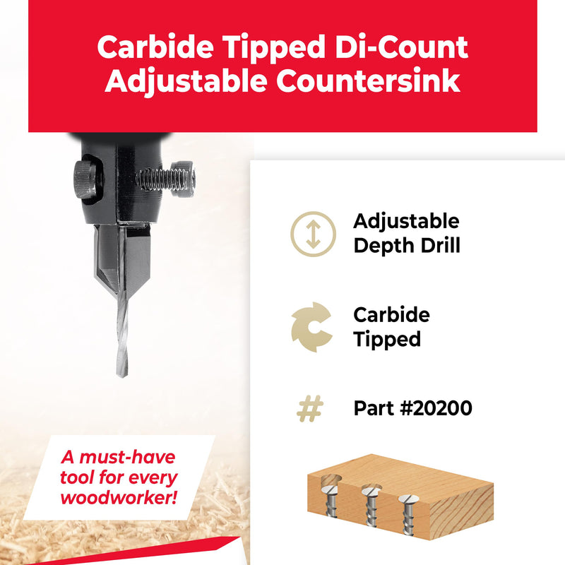 Amana Tool Di-Count Adjustable Countersink for Drills, 20200, 3/32-9/32 Shank for Wood Screws 2-18