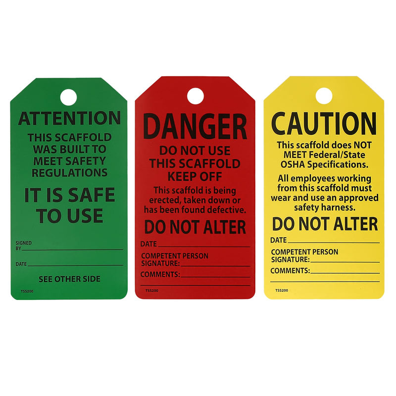 25-Pack Waterproof Scaffolding Inspection Tags,Danger/Caution/Attention,3-Way Design (Red, Yellow, Green) Tri Fold Program Card Safety Tags, Signs, and Scaffold Status Labels