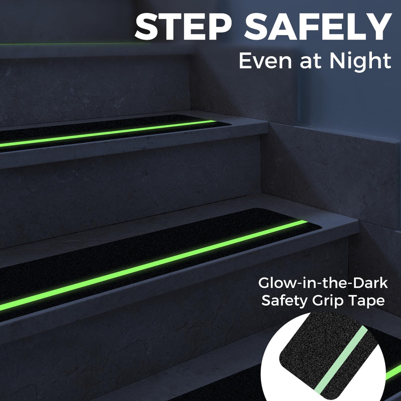 10 Pack 4” x 30” Anti Slip Traction Treads with Glow in The Dark Stripe, Outdoor Waterproof Non Skid Pre-Cut Tape with Roller, High Traction Friction Abrasive Adhesive for Stairs Step 4" x 30" & 10-Pack Black with Glow in the Dark Strips