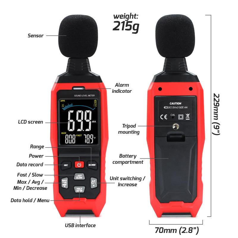 Decibel Meter with Data Logging Sound Decibel Meter Data Logger 30~130dB Sound Level Meter with Acoustic Visual Alarm, Sound Meter with Export Data, PC Connection