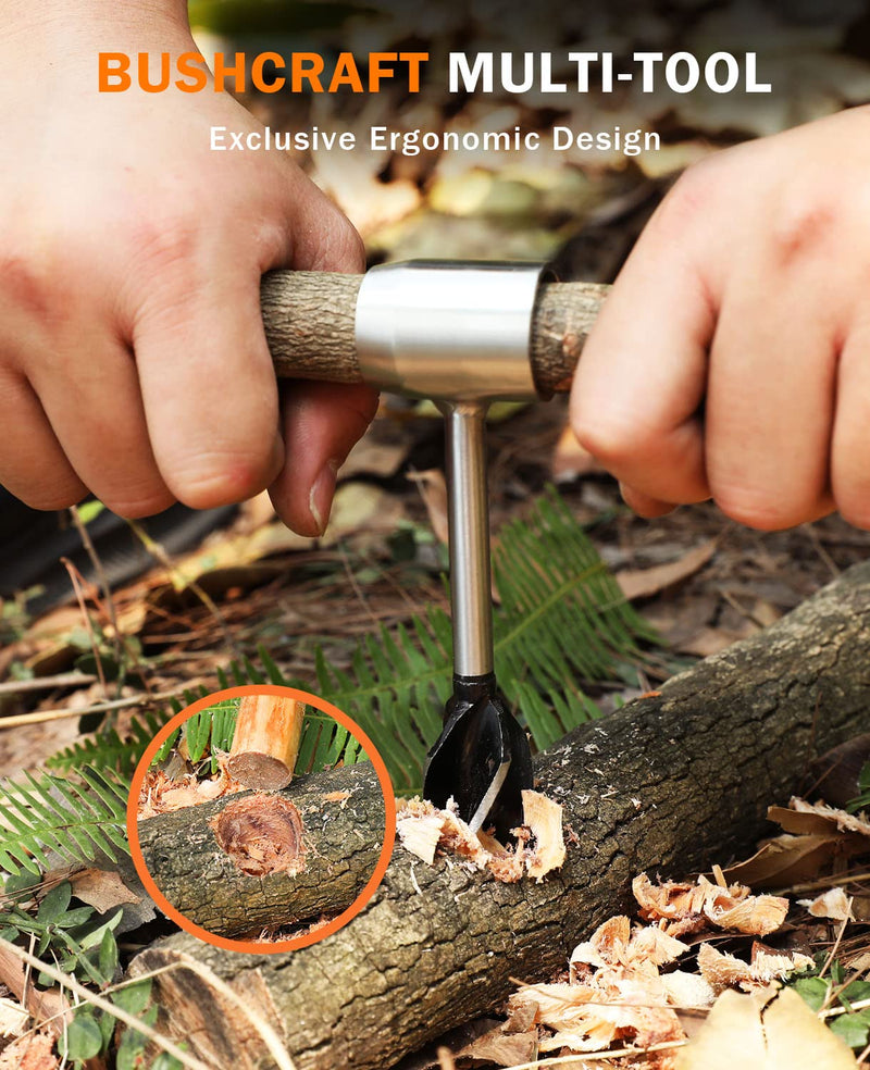 Bushcraft Hand Auger Wrench, Heavy-Duty Scotch Eye Wood Auger, Hand Auger Wood Drill, Manual Hole Maker Multitool with Leather Case for Camping, Outdoor, Hiking Vintage Brown