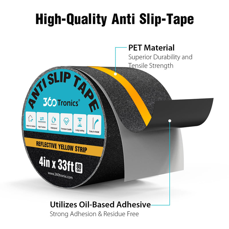 Anti Slip Grip Tape with Yellow Reflective Stripe, 4" x 33ft Non-Slip Traction Tape Strips Roll, Indoor & Outdoor Waterproof Non-Skid Tape for Stair Treads Steps Ramps 4 Inch x 33 Feet Black with Reflective Yellow Strips