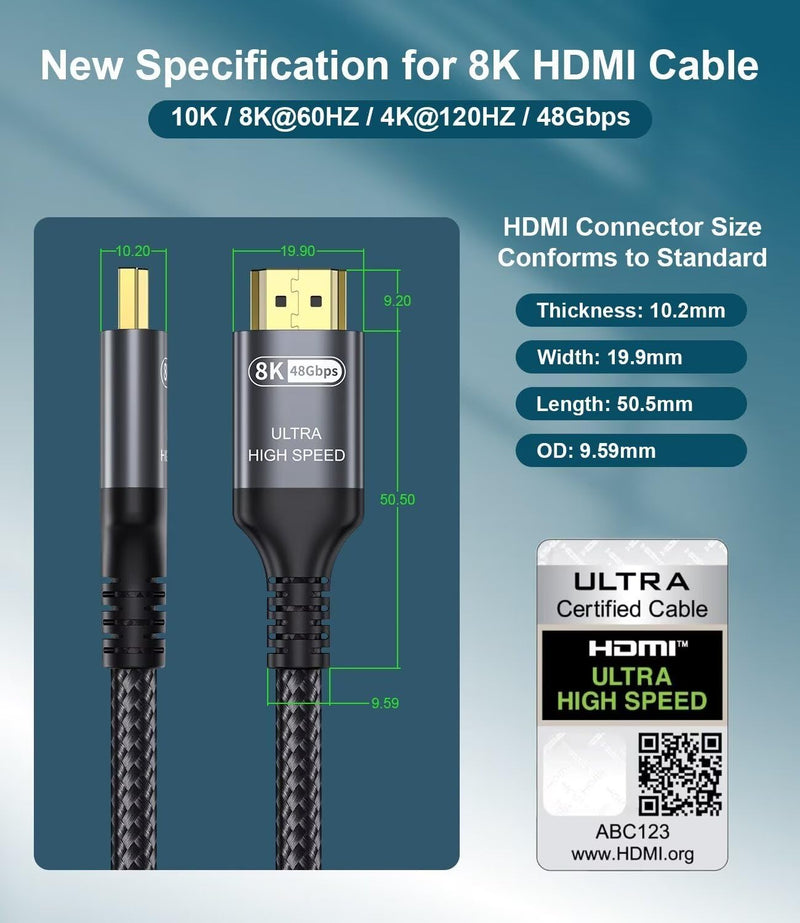 Certified 10K 8K HDMI 2.1 Cable 25 FT, 48Gbps Ultra High Speed HDMI® Cord Ethernet CEC 4K 240Hz 165Hz 144Hz 120Hz 8K 60Hz eARC Netflix HDCP2.3 HDR10+ PC Laptop RTX5090 TV Monitor Projector X-box PS5