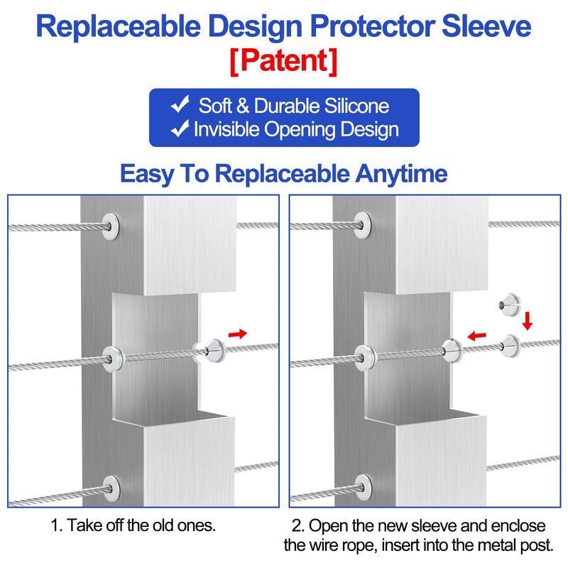 CKE 100 Pack White Replaceable Cable Railing Rubber Grommet for 1/8" 5/32" 3/16" Cables for Metal Cable Railing Post, Cable Railing Kit Protector Sleeve Grommet, Cable Railing Protective Sleeves, CR10 Level
