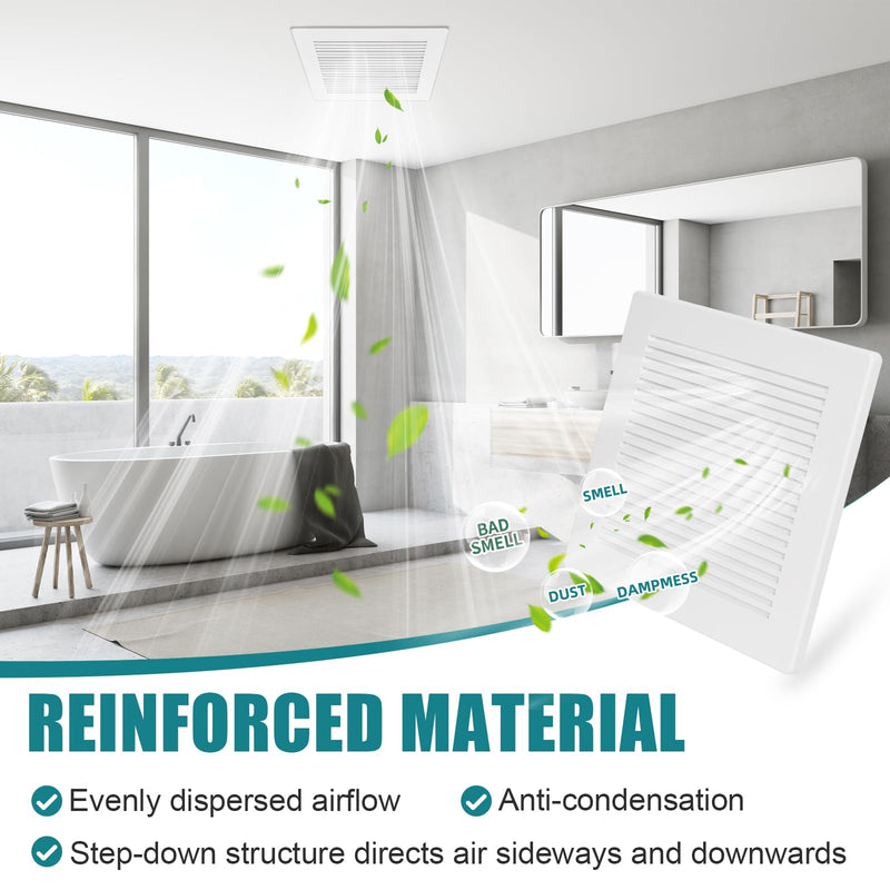 Bathroom Exhaust Fan Cover with Spring,(2 Piece 12"x 12") Grille Bathroom Fan Cover Replacements, White ABS Plastic Cover Square Ceiling or Wall-Mount Exhaust Fan,Air Diffuser cover 2P 12x12 inch