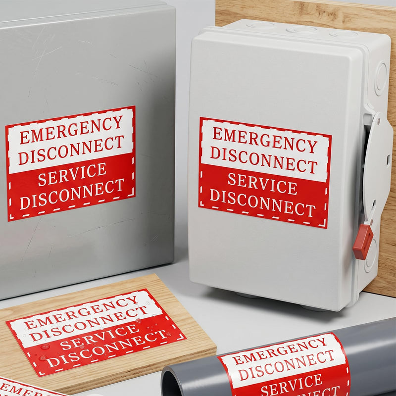 12PCS NEC Compliant Emergency Disconnect Stickers, 5x3.5 Inch Self-Adhesive Warning Labels, Waterproof Vinyl Electrical Service Disconnect Notice for Indoor Outdoor Use
