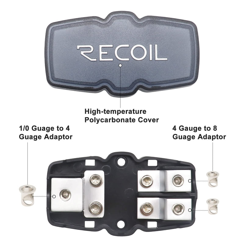 [Australia - AusPower] - Recoil MFH12 2 Way Mini-ANL Fused Distribution Block, 1 X 0/2/4 Gauge in / 2 X 4/8 Gauge Out Fused Distribution Block with 60A, 80A, 100A Fuses, Solid Brass for Maximum Power Transfer 2-Way Fuse Block, 1 Input & 2 Outputs 