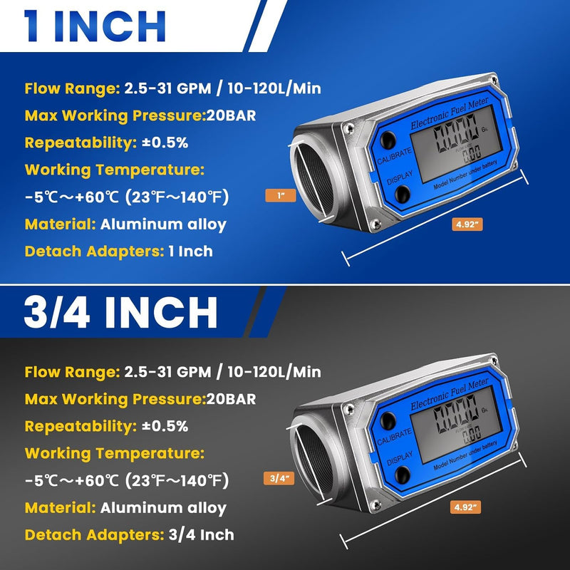 Fuel Meter 3/4 Inches, Digital Turbine Fuel Flow Meter 2.5-31 GPM Aluminum Alloy Engineered, Industrial Grade Fuel Transfer Meter for Water, Diesel, Gas Oil, Gasoline, Supports Gallon, QTS, PTS, L, m³ 3/4 inch Silver