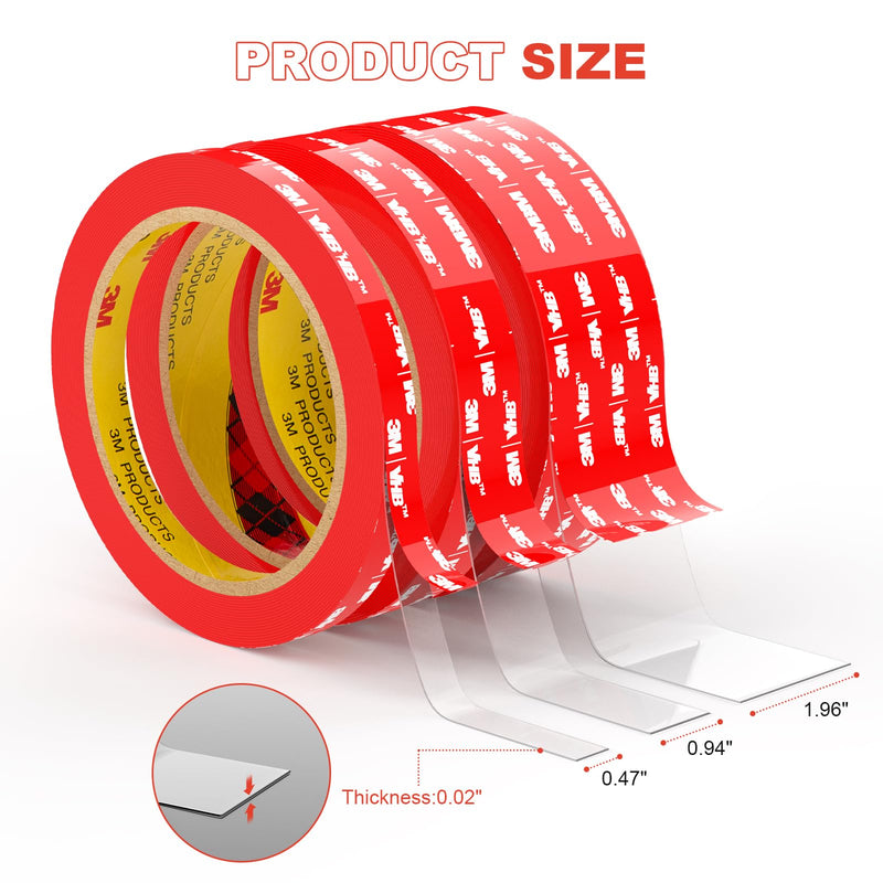 3M Double Sided Tape Heavy Duty VHB, 0.39"×16.5ft, 4905 Strong Adhesive Waterproof Mounting Tape for Automotive, LED Strip Lights, DIY Home Décor Clear