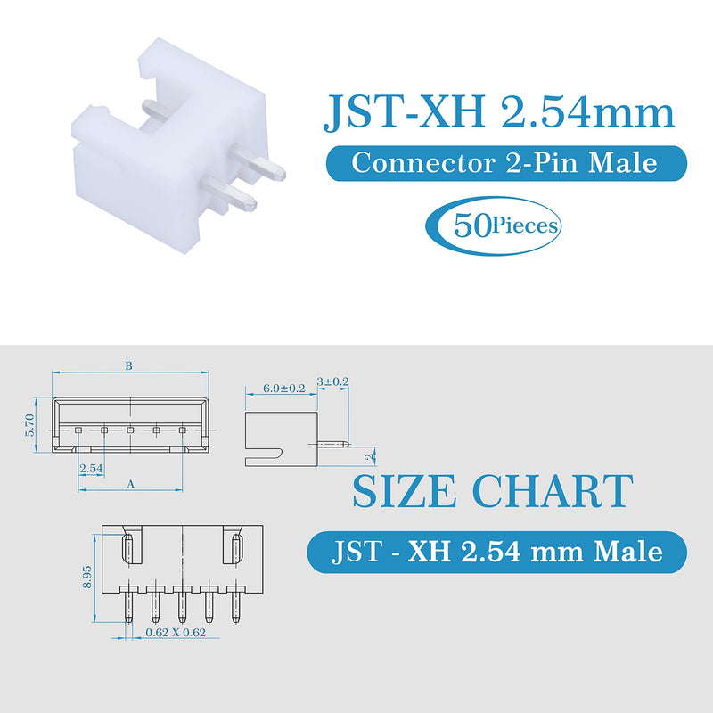 [Australia - AusPower] - JST XH 2.54 mm Pitch 2-Pin JST Wiring Connecting IC Male Plugs, Female Sockets Housing and T-shaped Crimp Terminal Connector Kit. 50 Sets/200 Pieces JST XH Connector Adapter Cable Assembly. JST-XH2.54 XH 2P 