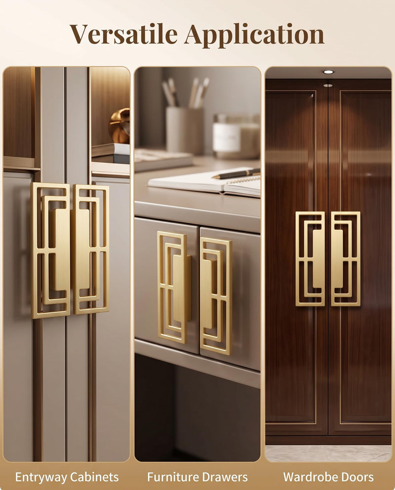 6Pcs of Gold Brushed Drawer Handles Pulls, Closet TV Cabinet, Stylish Golden Copper Handles Modern Chinese Auspicious Patterns Double-Hole 32mm Handle