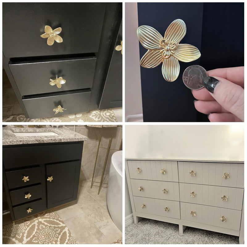 10 Pack Gold Flower Drawer Knobs, 60mm/ 2.36" Gold Decorative Floral Caninet Pulls, Creative Petal Knobs for Dresser Drawer, Bathroom Kitchen Cupboard Furniture Hardware (10 Flower) 10 Pack Brushed Gold Brass