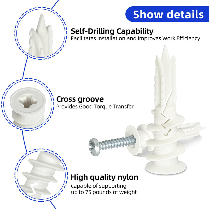 [Australia - AusPower] - #8 x 1-1/2" Self Drilling Plastic Drywall Anchors Screws (50 Anchors+50 Screws), No Pre Drill Hole Required, Hold Up to 75 Lbs Nylon-50pcs 