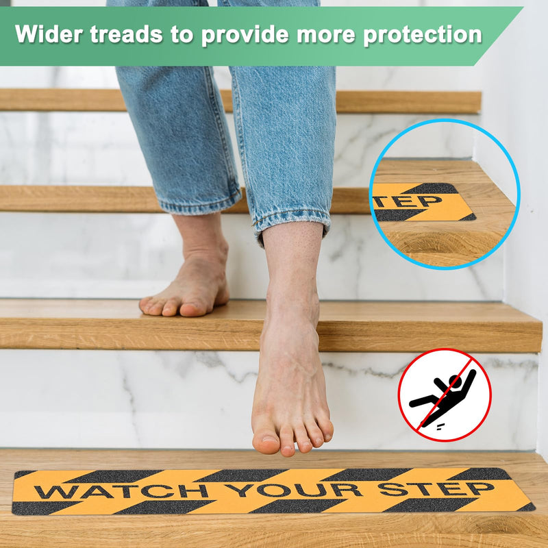 M METERXITY 2-Pack WATCH YOUR STEP Floor Decals Stickers 6 x 24 Inch Watch Your Step Sign Warning Sticker Self-Adhesive Anti Slip Abrasive Tape for Indoor/Outdoor Stairs Step[Yellow Black]