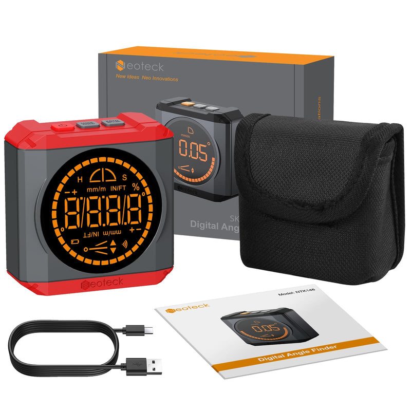 [Australia - AusPower] - Neoteck Digital Protractor Inclinometer with LED Display, Rechargeable Spirit Level, Magnetic Base, 4 Units, IP54 Waterproof for Woodwork, Construction, DIY Projects, Red 