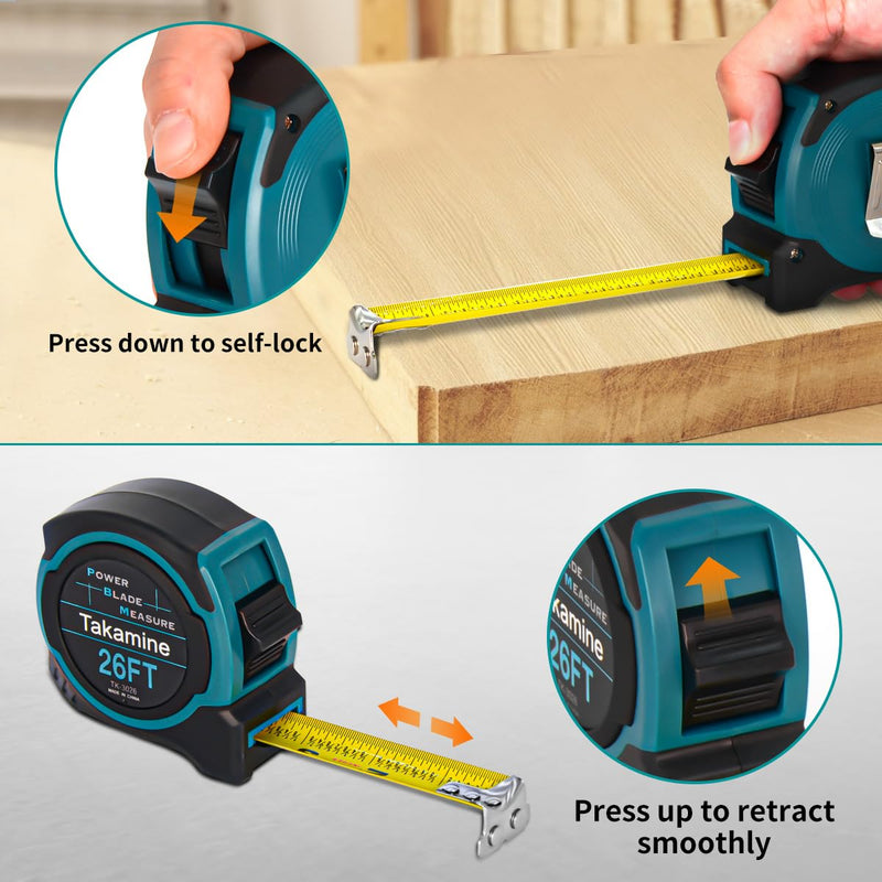 Takamine Tape Measure Professional 26 Feet, 1/8 Fraction Easy Read Retractable Measuring Tape, with Magnetic Hook, Manual Lock, Rubber casing, Suitable for Engineers/Surveyors/Carpenters/Construction