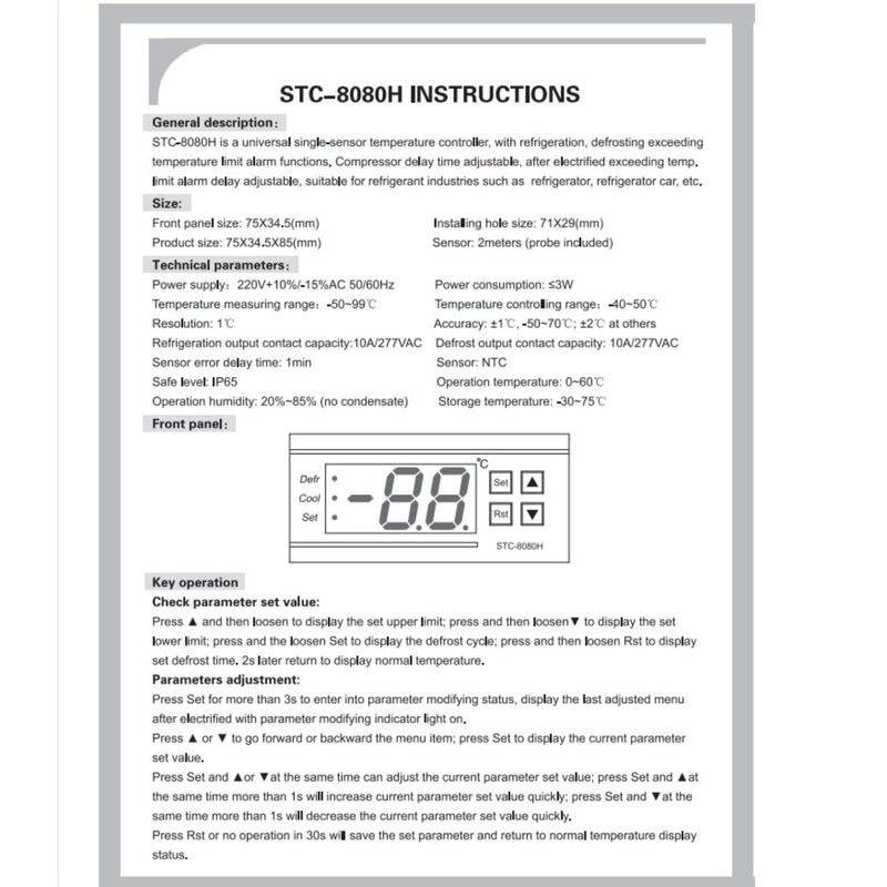 [Australia - AusPower] - Digital Temperature Controller Thermostat Refrigeration Defrosting 10A/220VAC -8080H Display Over-Limit Alarm -50°C-99°C 