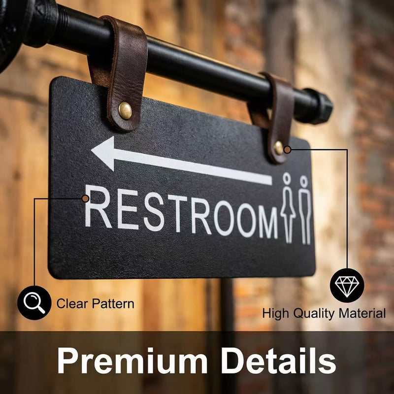 Double Sided Restroom Sign with Arrow, Wall Mount Unisex Bathroom Directional Sign with Metal Pipe Rod, Black, 11x4.7 Inch, Easy Install with Hanging Straps for Business Office & Public Hallway Bathroom (Black, Restroom)