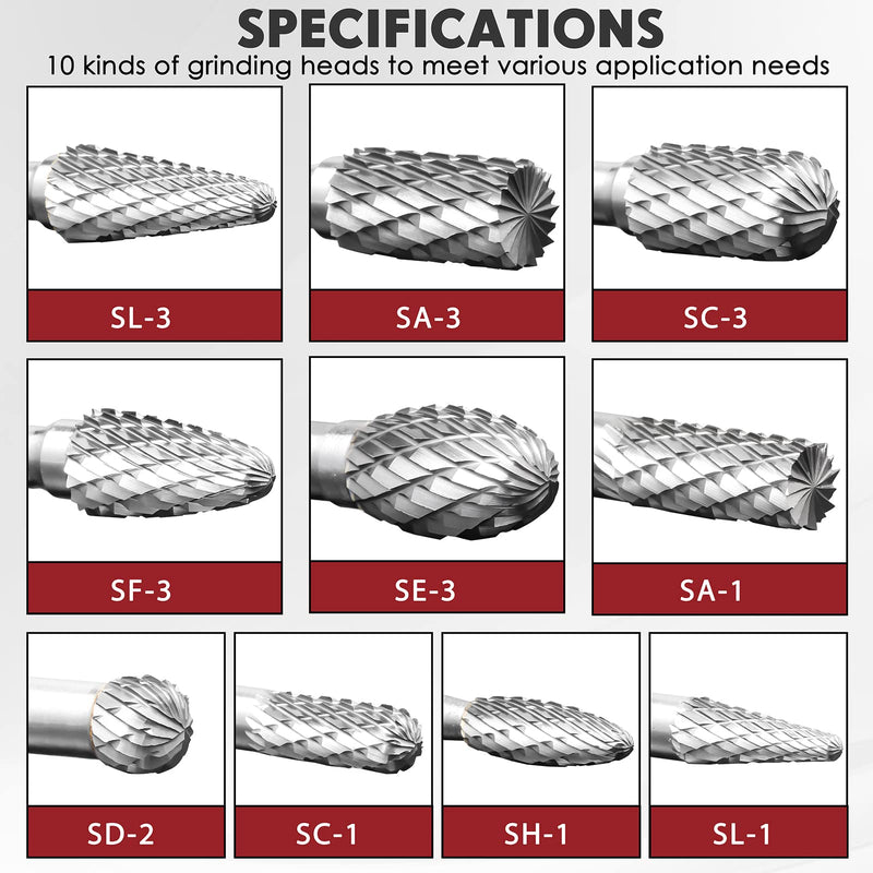 [Australia - AusPower] - Carbide Burrs Set, 10 Pcs Double Cut Solid Tungsten Carbide Rotary Burr Set, 1/4 Inch Shank Die Grinder Bits, Rotary File for Die Grinder Metal Carving, Polishing, Engraving, Drilling 