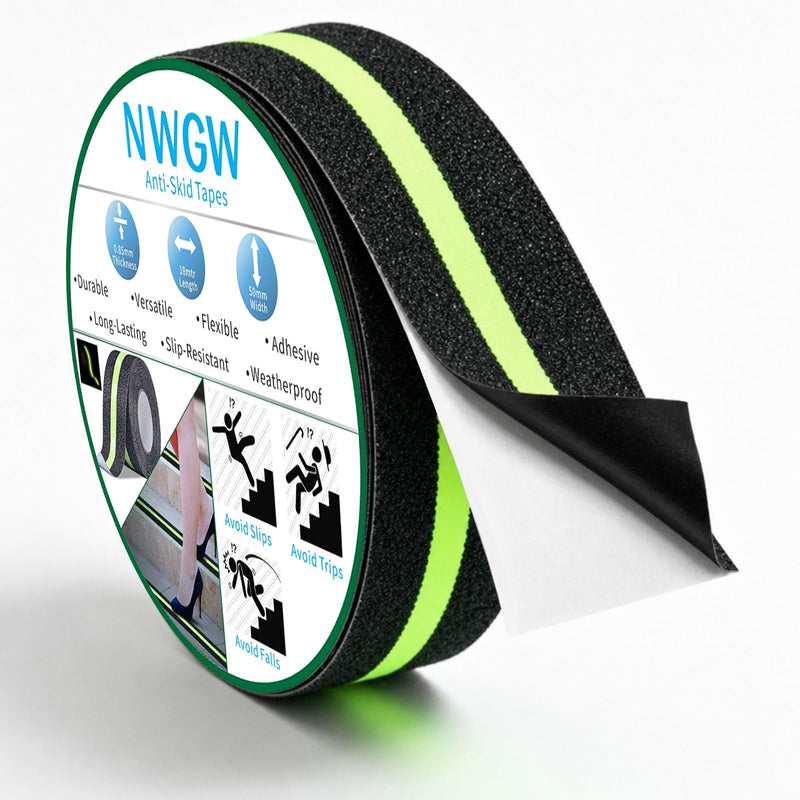 Glow in Dark Anti Slip Tape, 2" x50FT Heavy Duty Waterproof Safety Grip Tape for Stairs, Pool, Bathroom - Black & Glow Stripe Indoor/Outdoor Multi-Purpose Traction Tape 2 Inch x 50 Feet