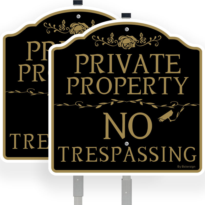 No Trespassing Private Property Sign (2Pack), 12" x 12" x 0.04" Aluminum Sign &35.5" Metal Stakes Included, Resistant to Harsh Weather, No Fading and Easy to Install. 2 Pack with stake
