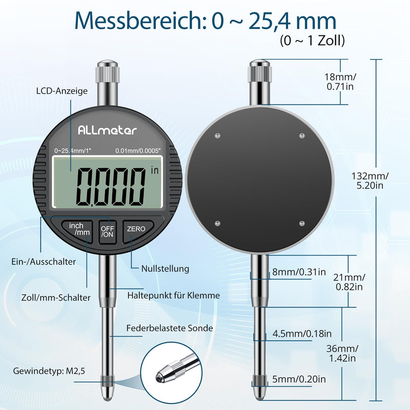 [Australia - AusPower] - ALLmeter Digital Dial Indicator 0.01 mm / 0.0005 inch, Precise Dial Gauge Digital with LCD Display, Measuring Range 0-25.4 mm (1 inch), Switchable Between mm/Inch, Ideal for Mechanical Engineering, 3D black 