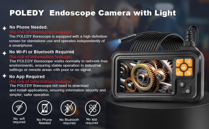 Endoscope Camera with Light, POLEDY 1080P HD Borescope, 8 Adjustable LED Light mit 4.3" IPS Screen Inspection, IP67 Waterproof 16.4ft Snake Camera, Semi-Rigid Cable Inspection Single Lens 4.3"