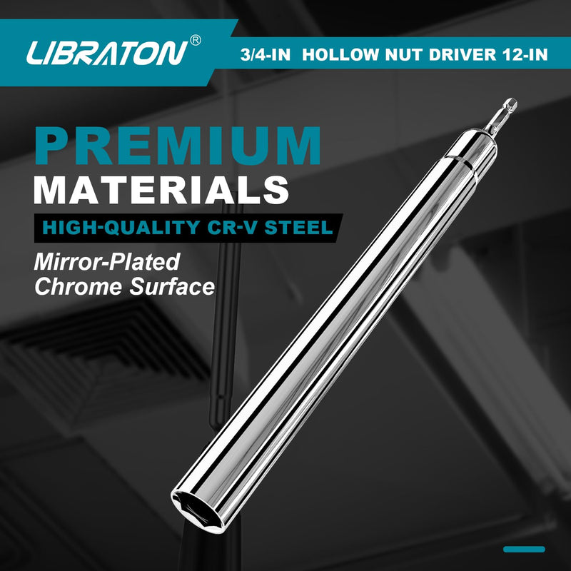 Libraton Hollow Nut Driver,Power Nut Driver Set 3/4",12 inch Long with 1/4" Hex Shank 12-inch long 3/4-inch