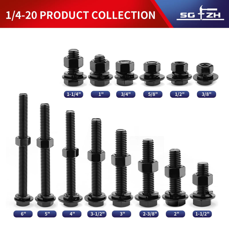 [Australia - AusPower] - 1/4-20 x 1-1/2" Hex Head Screw Bolt, Nuts, Flat & Lock Washers, 20Pcs 18-8 (304) Stainless Steel, Fully Threaded, Black Oxide by SG TZH 20 1/4-20 x 1-1/2" 