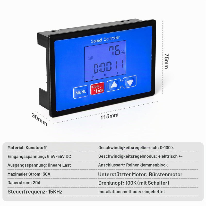 DEWIN Speed Controller, LCD Display 0-100% Adjustable Wireless Remote Control DC Motor Speed Controller DC 6.5-55V 30A